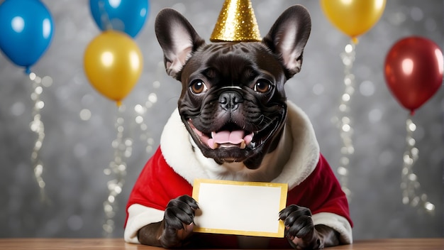 Buen perro buen bulldog francés feliz año nuevo mockup escribir su propio texto diseñar su propio logotipo mock up