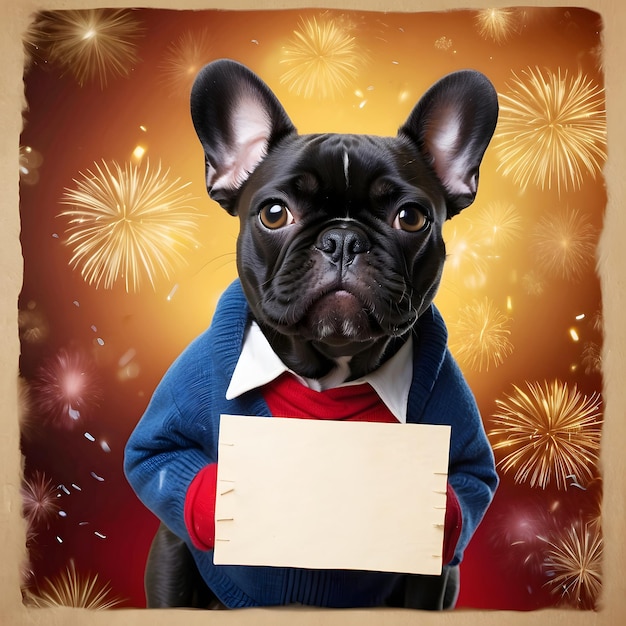Buen perro buen bulldog francés feliz año nuevo mockup escribir su propio texto diseñar su propio logotipo mock up