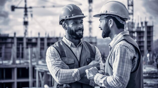 Buen trabajador de la construcción compartiendo la experiencia con un colega que sostiene el casco