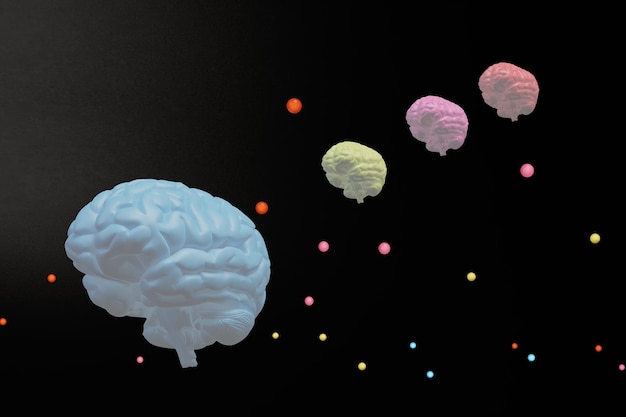 buen trabajo mental. patrones de cerebros de diferentes tamaños con puntos de neón iluminados multicolores.