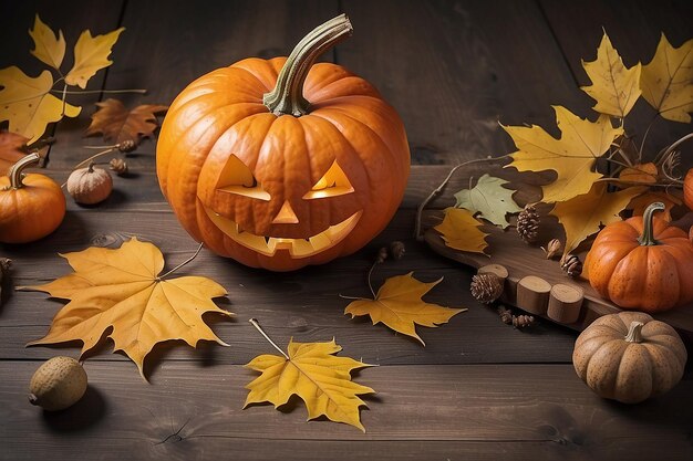 Buena calabaza y hoja de otoño en una madera de mesa