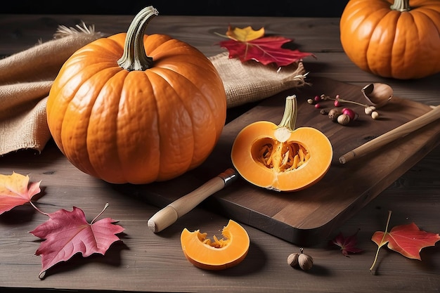 Buena calabaza y hoja de otoño en una madera de mesa