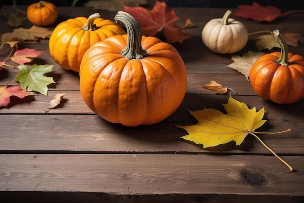 Buena calabaza y hoja de otoño en una madera de mesa