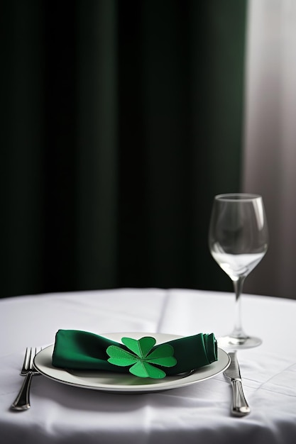 Foto buena configuración de la mesa de comedor decoración de trébol en servilleta verde celebración espacio de copia de vajilla de lujo