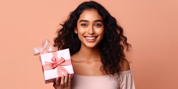 Una buena joven india felizmente sorprendida con un regalo en sus manos con un fondo rosa