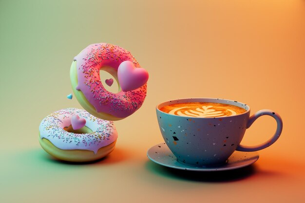 Una buena merienda donuts con corazones al lado de una taza de café en un render 3D de fondo pastel