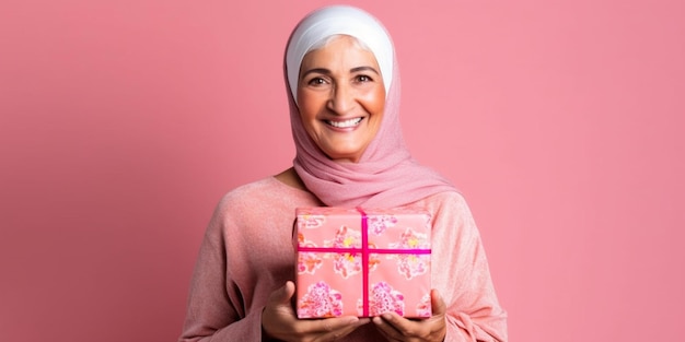 Una buena mujer árabe madura felizmente sorprendida con un regalo en sus manos con un fondo rosa