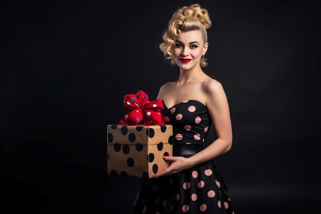 Buena mujer sonriente con caja de regalos en fondo oscuro Generar ai