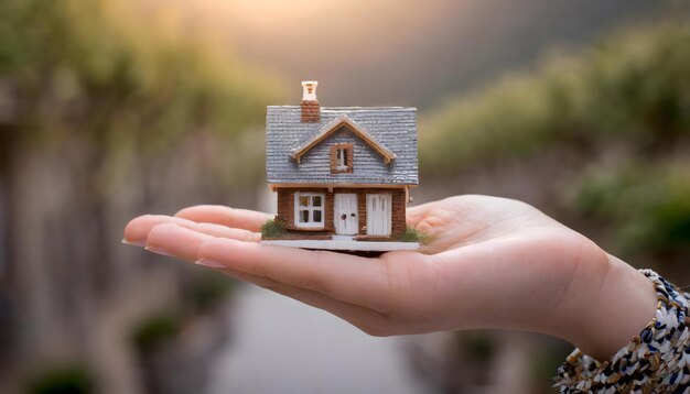 Buena pequeña maqueta de casa en la mano de la mujer en el fondo del paisaje