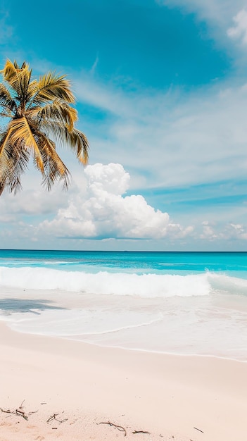Foto una buena playa con palma de arena blanca en la nube
