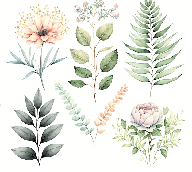 Bündel aquarellierte botanische Blumen für Jubiläumskarten generative ai