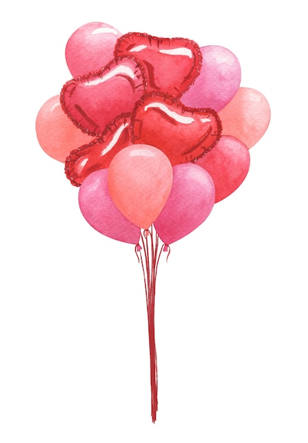 Foto bündel festlicher rosa und roter luftballons. hand gezeichnete aquarellillustration.