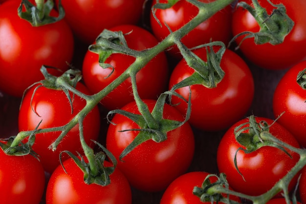 Bündel frische rote Tomaten mit grünen Stielen