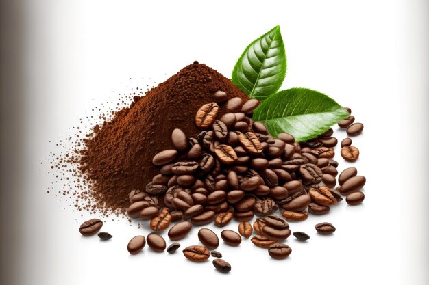 Bündel gemahlene Kaffeebohnen auf weißen und grünen Blättern