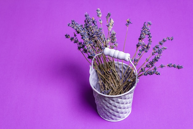 Bündel getrockneter Lavendelblüten im Eimer