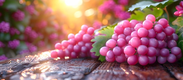 Foto bündel reifer rosa trauben auf einem holztisch