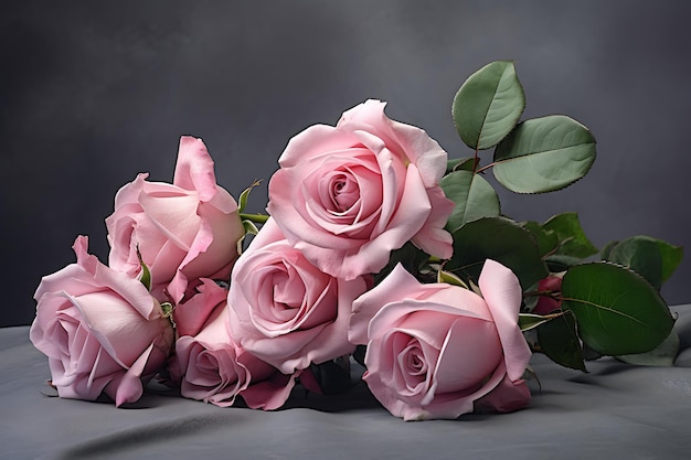 Bündel rosa Rosen mit Blättern auf grauer Oberfläche