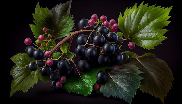Bündel schwarze Trauben mit grünen Blättern auf schwarzem Hintergrundgenerative ai
