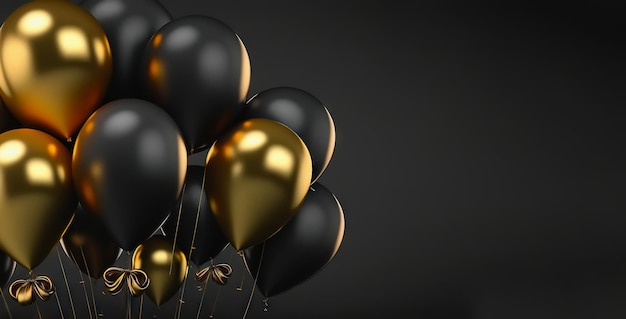 Bündel schwarze und goldene Luftballons auf dunklem Hintergrund Partydekoration Generative KI