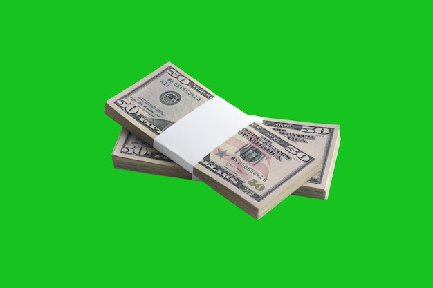 Bündel US-Dollar-Scheine isoliert auf Chroma-Keyer-Grün Packung mit amerikanischem Geld mit hoher Auflösung auf perfekter grüner Maske