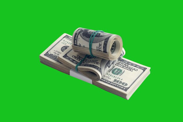 Bündel US-Dollar-Scheine isoliert auf Chroma-Keyer-Grün Packung mit amerikanischem Geld mit hoher Auflösung auf perfekter grüner Maske