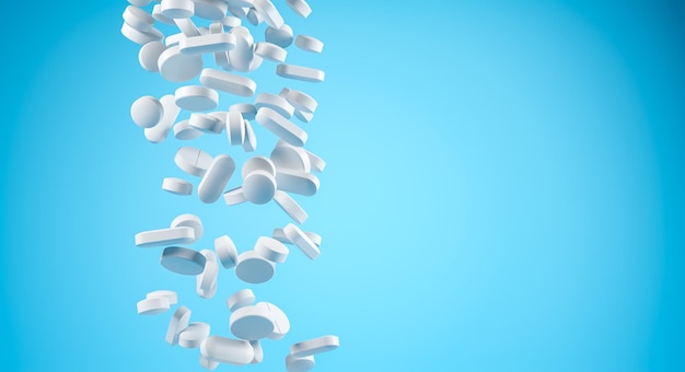 Bündel verschiedener weißer Pillen, die über blauen Hintergrund fallen Pharmazeutische Industrie und Gesundheitskonzept Kopierbereich 3d-Renderdarstellung