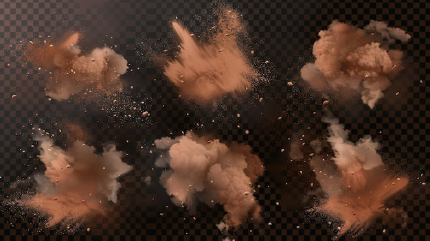 Bündel von braunen Pulverwolken auf durchsichtigem Hintergrund Moderne Illustration von Zimtgeschmack Explosion Kaffee Aroma Spritz Staub Ausbruch mit fliegenden Partikeln Wüsten Sandsturm-Effekt