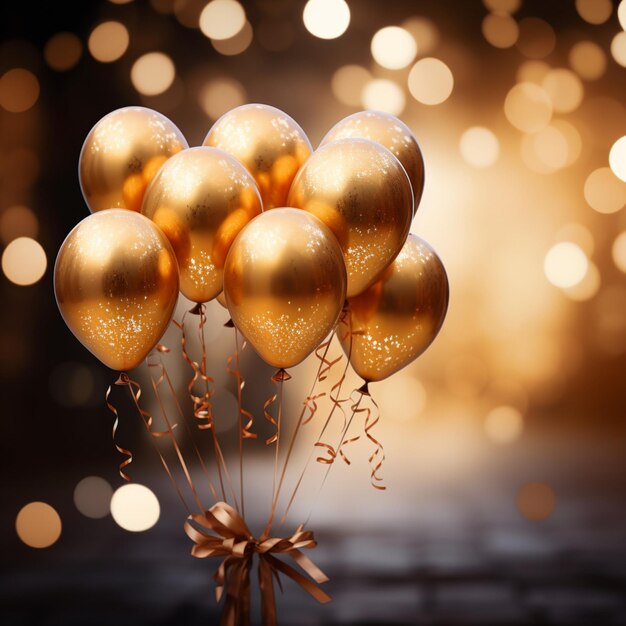 Foto bündel von goldenen ballons mit bändern auf bokeh-hintergrund für social media post size