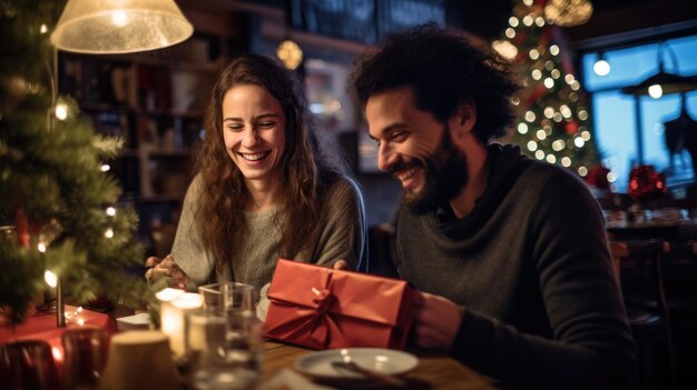 Buenos amigos en un restaurante con decoración navideña Dar un pequeño regalo Estilo de vida