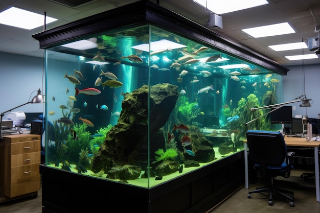 Foto büro-aquarium mit verschiedenen thunfischarten, die von oberlichtern beleuchtet werden