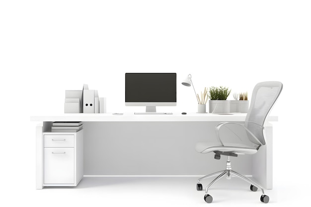 Foto büro arbeitsplatz schreibtisch vor einem leeren stuhl isoliert auf weißem hintergrund neuronales netzwerk generierte kunst