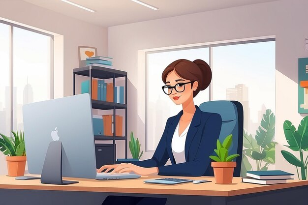 Büro-Arbeitsraum mit weiblicher Managerin Vektorcharakter Arbeit am Schreibtisch mit Laptop im offenen Raum
