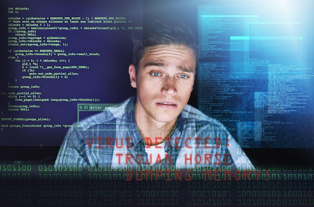 Büro-Cybersicherheit und Mann mit Virus-Daten-Overlay für Online-Metriken Firewall oder Stress für Krypto-Handel Software-Hacking und Web-Analyst mit Malware virtuelles Hologramm oder Netzwerksystem