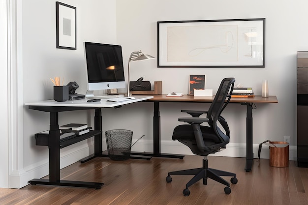Büro mit ergonomischem Sitz-Steh-Schreibtisch und Produktivitätstools, die mit generativer KI erstellt wurden