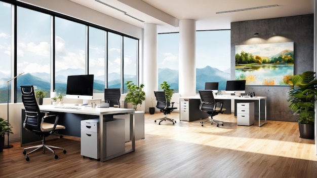 Büro mit großem Fenster mit Blick auf die Berge