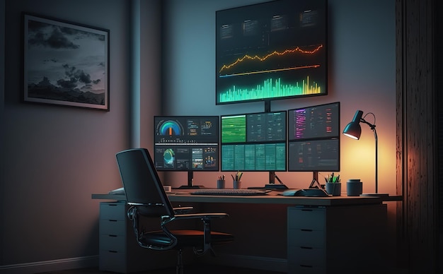 büro mit großem monitor, der diagrammanteil mit buntem neonlicht zeigt