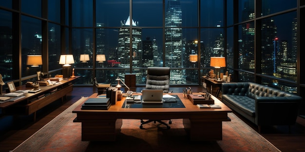 Büro mit Windows-Nachtansicht Zoom Virtueller Hintergrund