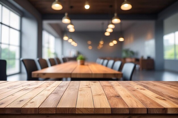 Büro-Unschärfer-Hintergrund mit Holz-Tischfront