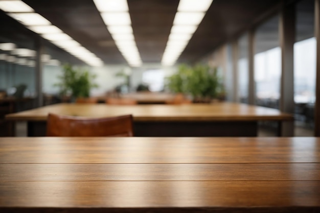 Büro-Unschärfer-Hintergrund mit Holz-Tischfront