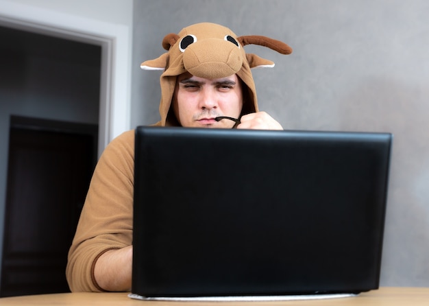 Büroangestellter im Cosplay-Kostüm einer Kuh. Kerl in der lustigen Tierpyjama-Nachtwäsche in der Nähe des Laptops. Mann arbeitet von zu Hause aus. Jobsuche, Arbeitslosigkeitskonzept, Wirtschaftskrise. Heimarbeit.