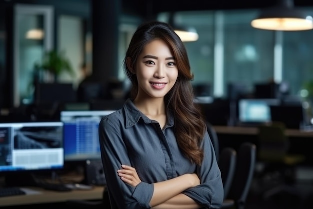 Büroarbeiterin, hübsch und süß lächelndes asiatisches Model, das vor der Kamera steht.