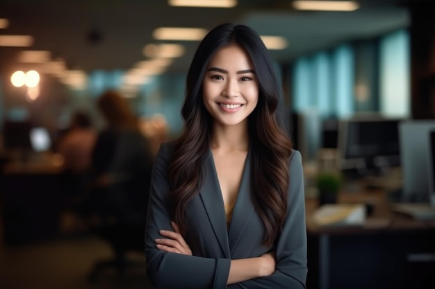Büroarbeiterin, hübsch und süß lächelndes asiatisches Model, das vorne steht.