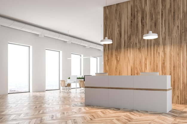 Büroeinrichtung im Öko-Stil mit weißen und hölzernen Wänden, einer weißen Rezeption und einem offenen Arbeitsbereich. Eine Seitenansicht. 3D-Rendering-Attrappe