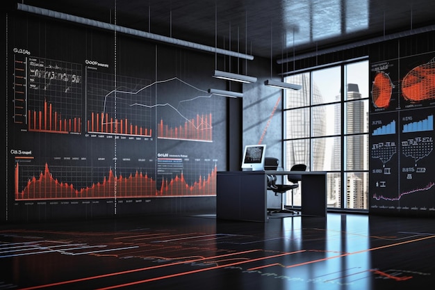 Büroeinrichtung mit mehreren Diagrammen und Diagrammen der generativen KI an der Börse