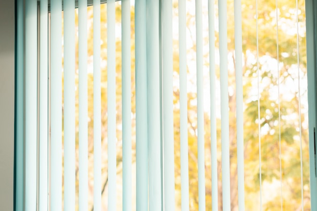 Bürofenstervorhangvorhang mit naturherbstfarbansicht und sonnenlicht am abend