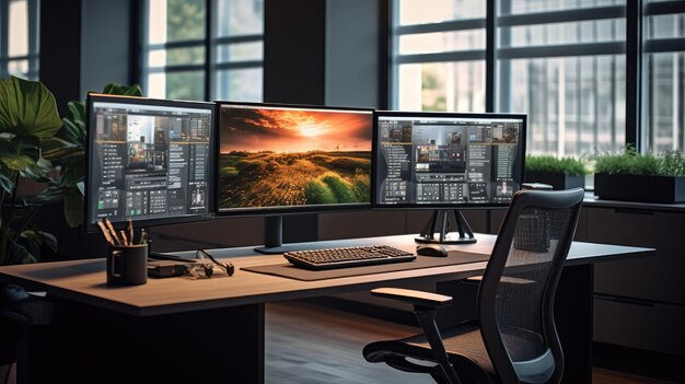 Foto bürofläche mit desktops mit modernem computer