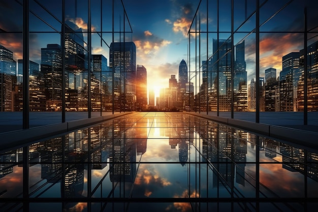 Bürogebäude aus Glas in einem Wolkenkratzer. Modernes Bürogebäude-Geschäftsviertel mit Blick auf die Stadt, erstellt mit generativer KI-Technologie