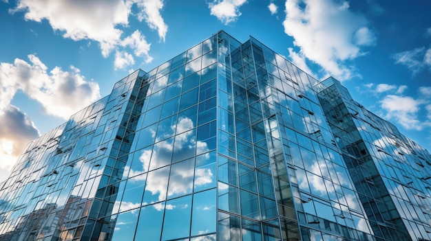 Bürogebäude mit vielen Fenstern spiegeln Wolken und Himmel wider, kreative Architekturfotos, generatives KI-Bild, Weber