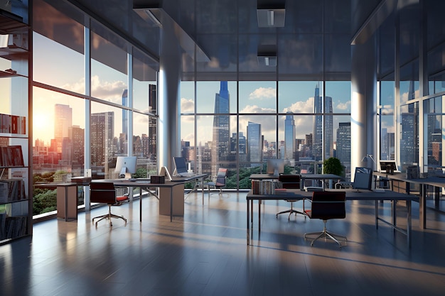 Büroinnenhintergrund Modernes, leeres, elegantes Büro mit Fenstern und Arbeitsplätzen