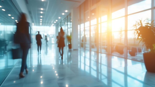 Bürointerieur mit verschwommenen Menschen und Sonnenlicht